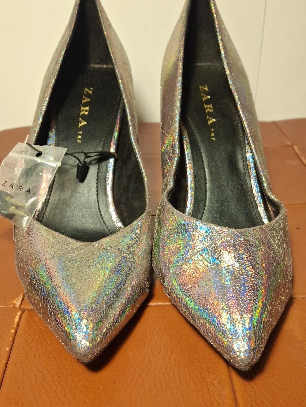 Zara Metallic Iridescent Pointed-Toe Pumps - Silver
